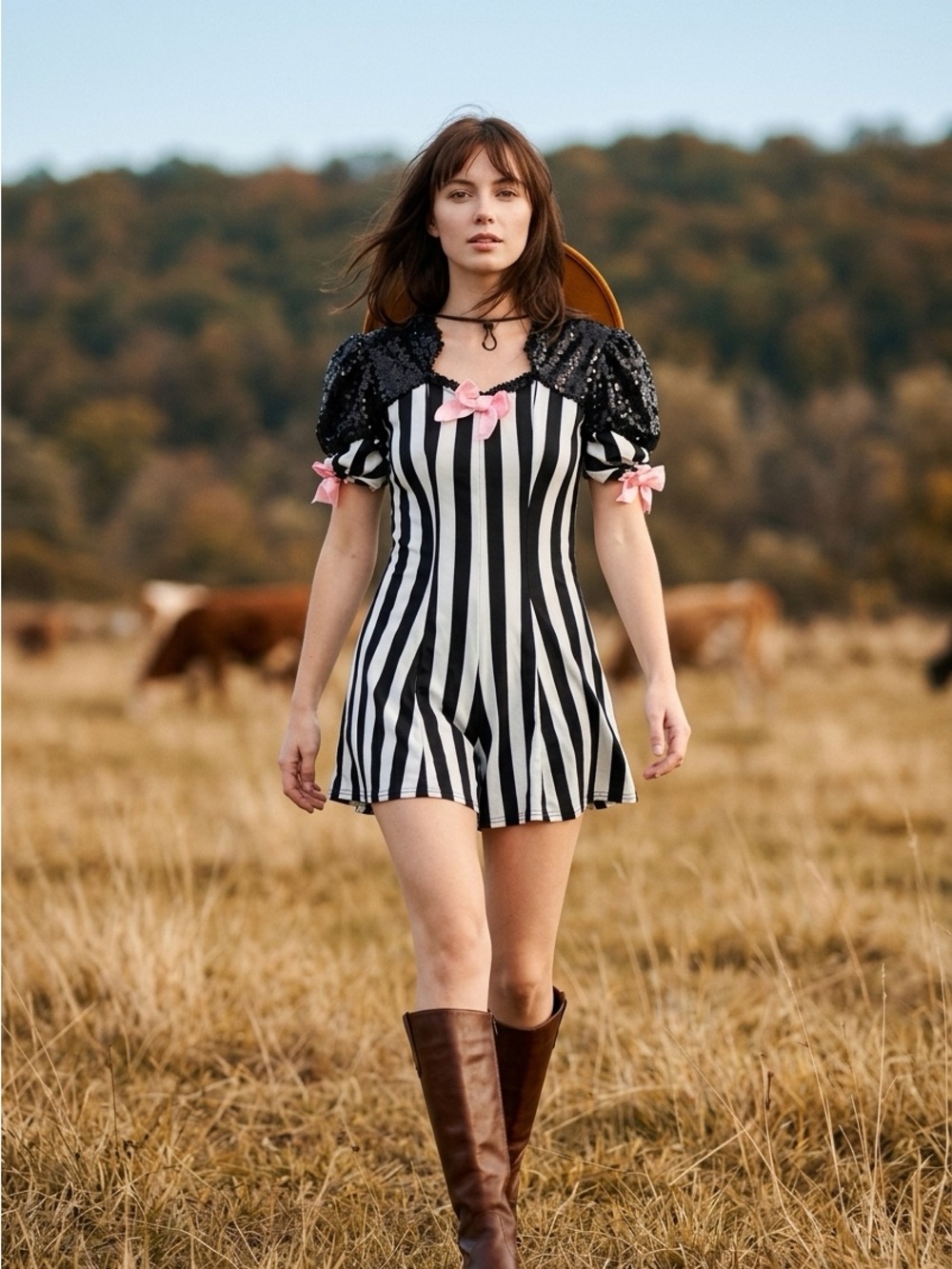 Striped Black & White Mini Dress with Pink Bow Accents